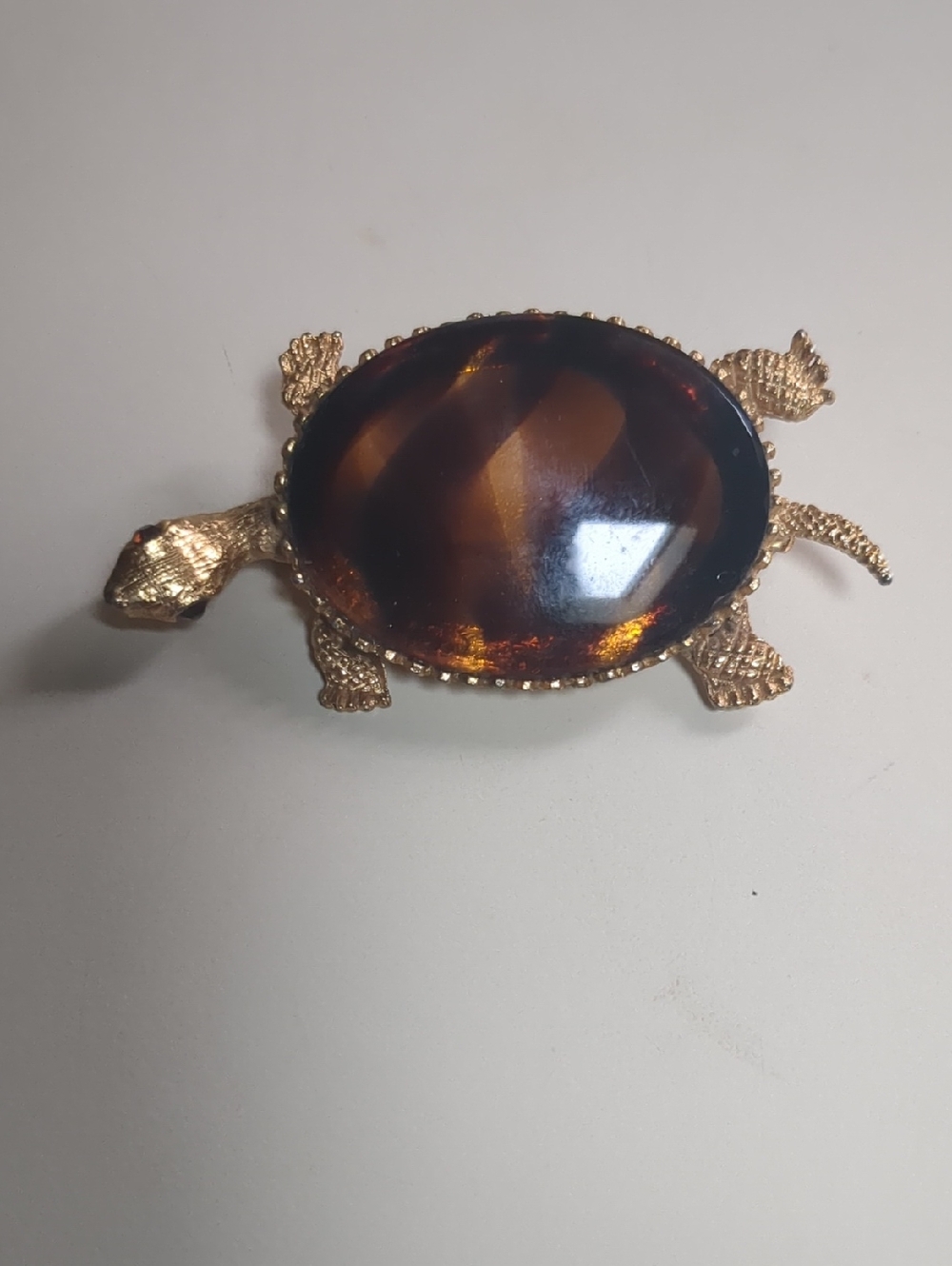 Turtle Brooch with Faceted Amber Glass Cabochon